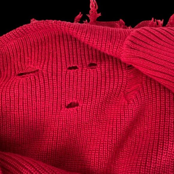 Lovers + Friends Arlington NWT Distressed Ripped Cold Shoulder Red Sweater Sz M - Picture 5 of 10